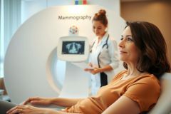 The image shows a woman lying in an MRI machine, being monitored by a medical professional. The environment appears to be a modern healthcare facility with a focus on technology and patient comfort.