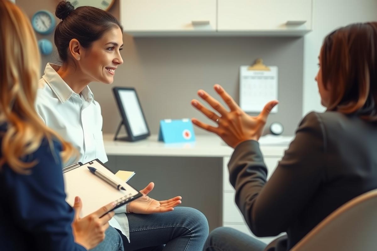Three women engaged in conversation, one appears to be explaining something, possibly discussing healthcare or medical topics. The office environment suggests a professional setting.