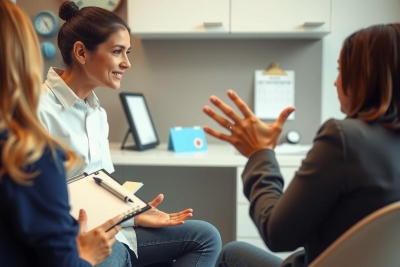 Three women engaged in conversation, one appears to be explaining something, possibly discussing healthcare or medical topics. The office environment suggests a professional setting.