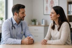 Doctor consults with patient in clinic, calm conversational setting with anatomy poster background.