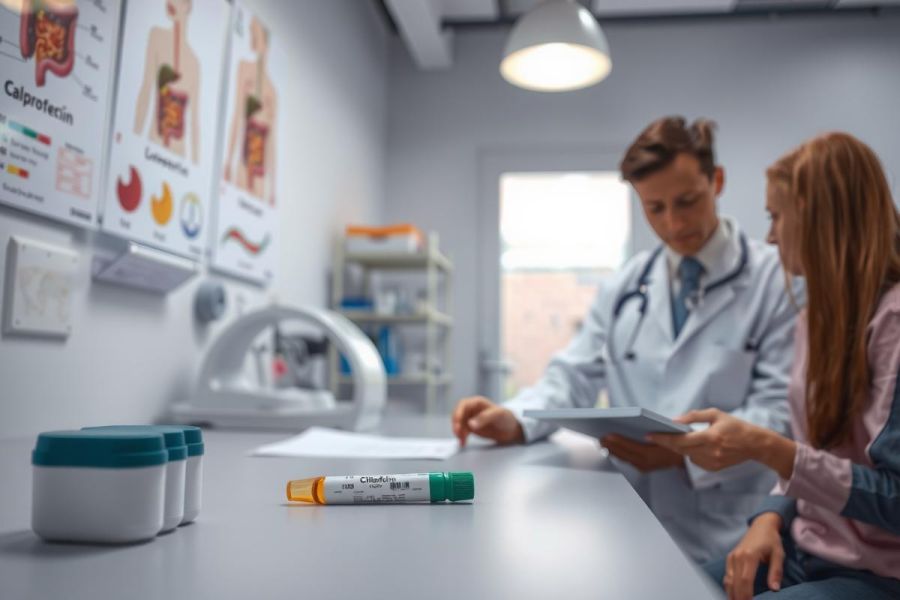 The image shows an indoor medical consultation setting. There is a physician in white attire, likely a doctor, sitting at a table with a patient.