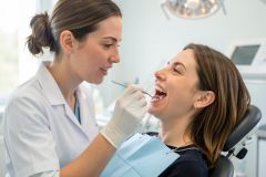 Dentist examining a smiling patient's teeth with a dental mirror and probe in a modern clinic.