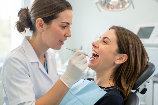 Dentist examining a smiling patient's teeth with a dental mirror and probe in a modern clinic.