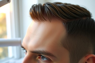 Close-up of a man looking out a window, showcasing a profile view and thoughtful expression. Natural light highlights facial features and creates a warm, serene atmosphere.