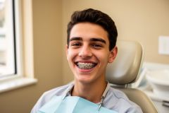 Teen smiling in a dental chair, showing metal braces and a clean orthodontic treatment result.