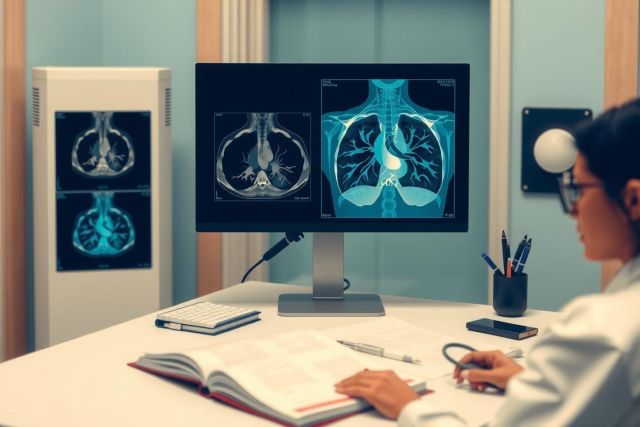 The image shows an indoor setting, possibly a medical office or hospital room. In the foreground, there is a person whose face is not visible, wearing what appears to be a white lab coat. 