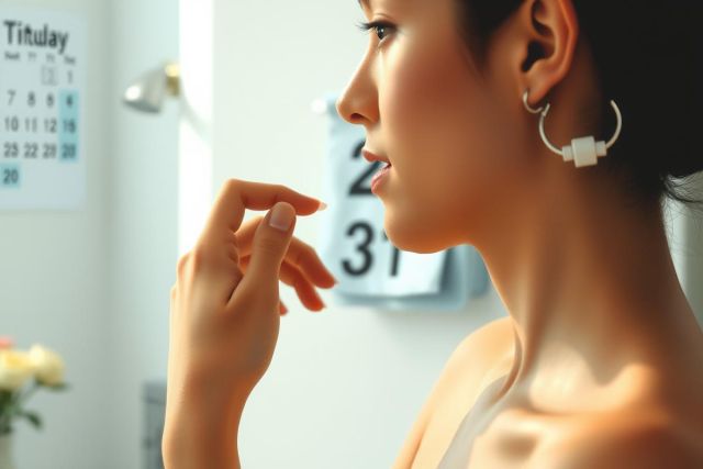 The image shows a woman standing in front of a mirror, looking at her reflection. She appears to be in a bathroom setting, as suggested by the presence of a sink and a calendar on the wall. The woman is wearing an earring and has long dark hair. Her expression seems contemplative or thoughtful, possibly indicating she's deep in thought. The color palette is soft with warm tones dominating the scene.
