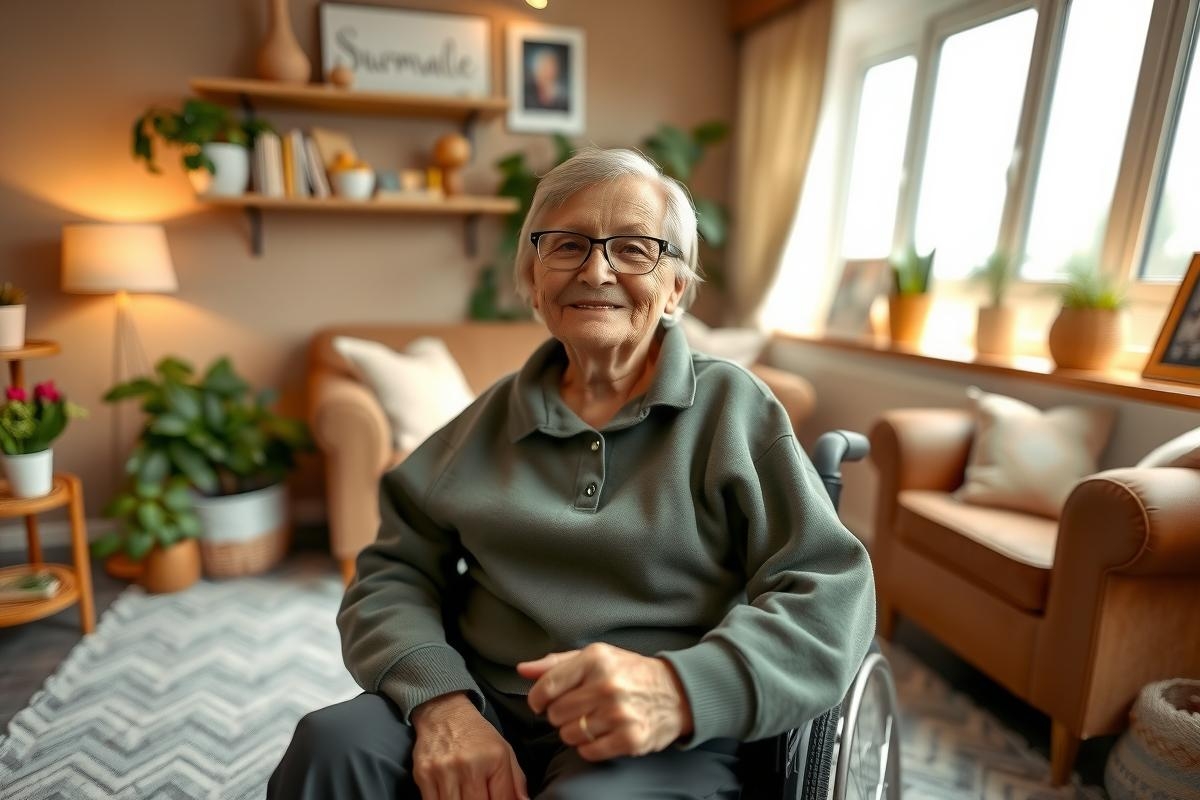 The image depicts an older woman sitting in a wheelchair indoors. She is wearing glasses and appears to be in a living room environment, with various decorative items around her.