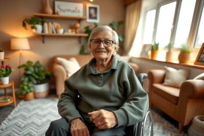 The image depicts an older woman sitting in a wheelchair indoors. She is wearing glasses and appears to be in a living room environment, with various decorative items around her.