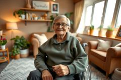 The image depicts an older woman sitting in a wheelchair indoors. She is wearing glasses and appears to be in a living room environment, with various decorative items around her.