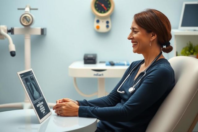 The image shows a healthcare professional, possibly a radiologist or doctor, seated at a computer workstation within a clinical setting. The individual appears focused on the screen of a laptop placed on a medical cart. The environment suggests an office or examination room with various pieces of medical equipment and screens in the background. The color palette is neutral with blues dominating the space due to the medical context. The woman's attire is typical for healthcare personnel, consisting of professional clothing.