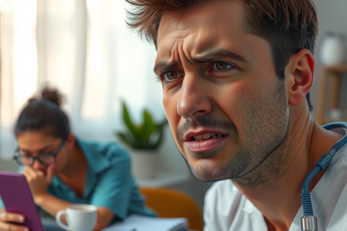 The image shows a man and a woman in an indoor setting, possibly a clinic or home office. The man appears to be a medical professional, wearing scrubs and a stethoscope around his neck.