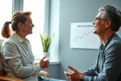 Two people in a casual setting, engaged in conversation. The image features a man and woman, likely in an office or meeting room, with a whiteboard visible in the background. Natural light and a relaxed atmosphere.