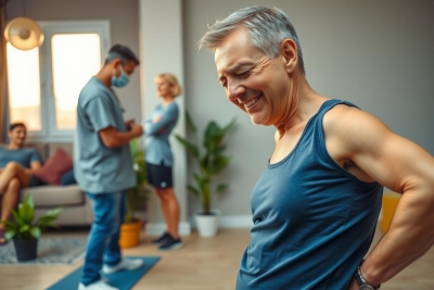 The image shows a man in a living room engaged in physical activity. He is wearing a sports outfit and appears to be in motion, possibly doing a squat or exercising. The environment suggests a casual and relaxed setting, with others looking on from the background.