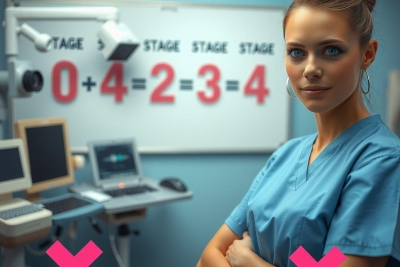 The image features a female healthcare worker in a hospital setting. She is wearing a medical gown and stands confidently with her arms crossed. The environment around her includes medical equipment such as monitors and numbers are displayed on the wall behind her, suggesting an educational or demonstration context.