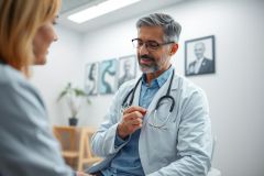 Doctor consults with a patient in a bright, modern clinic. The male physician, wearing a white coat and stethoscope, is engaged in conversation. Neutral tones and framed portraits create a professional healthcare setting. Focus on medical consultation and patient care.