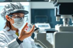 Scientist in lab coat and mask examines petri dish with bacteria culture. Microbiology research, medical science, laboratory setting, close-up view.