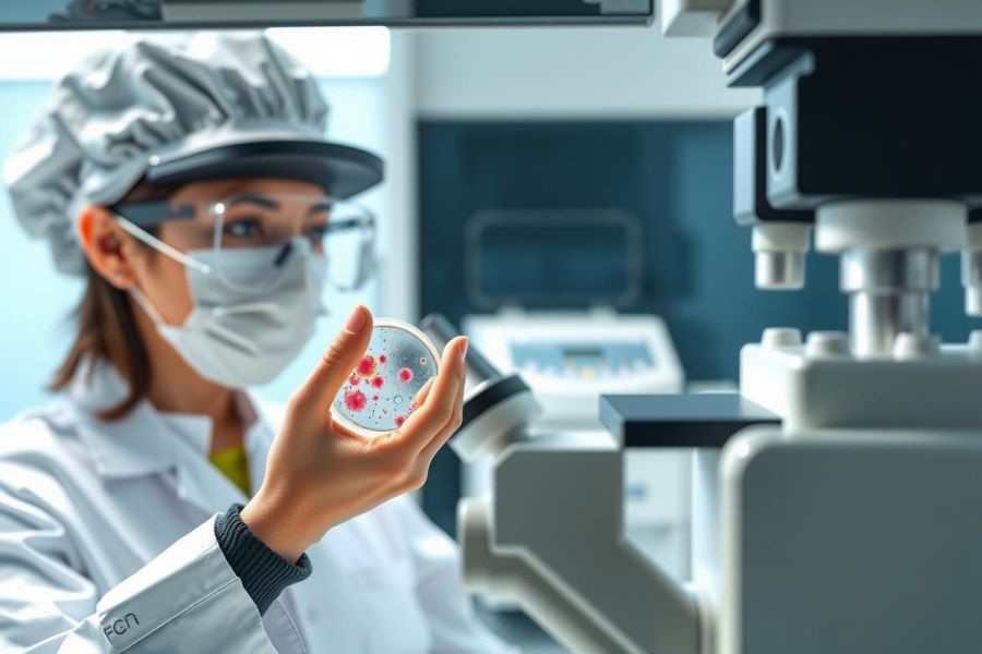 Scientist in lab coat and mask examines petri dish with bacteria culture. Microbiology research, medical science, laboratory setting, close-up view.