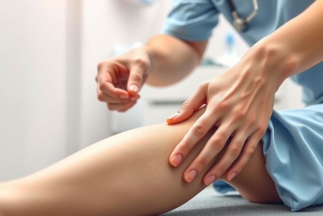 Close-up of a person in a blue uniform performing a leg waxing treatment. Focus on the hand and the leg, demonstrating beauty care and grooming procedures in a professional setting.