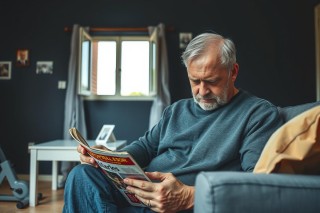 The image depicts a man sitting on a couch in a living room, holding and reading a magazine. The man has short hair, is wearing a dark sweater, and is deeply engrossed in the content of the magazine. The room appears cozy with a comfortable sofa where he sits. There's no distinctive text or branding visible on the magazine cover.