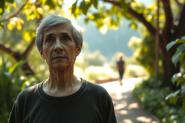 In the image, a woman is captured in her late 60s to early 70s. She stands on a path surrounded by lush greenery and tall trees.