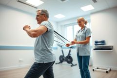 Man undergoing physical therapy with a therapist in a bright, modern clinic. He's using resistance bands for exercise, demonstrating rehabilitation and fitness. The scene showcases healthcare, active aging, and wellness within a clean, light-filled environment.
