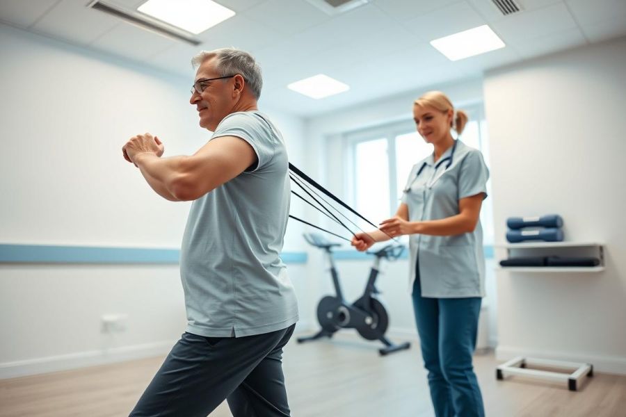 Man undergoing physical therapy with a therapist in a bright, modern clinic. He's using resistance bands for exercise, demonstrating rehabilitation and fitness. The scene showcases healthcare, active aging, and wellness within a clean, light-filled environment.