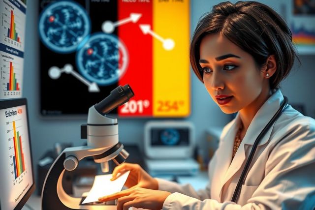 The image features a scientist wearing a white lab coat, engaged in examining samples under a microscope. The setting appears to be a laboratory with various scientific equipment and data charts on the walls. The overall mood is one of focused attention and detailed observation, indicative of scientific research or analysis.