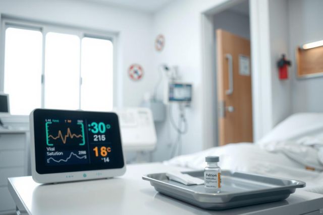 Hospital room scene with medical equipment, a bed, and a medication tray. Focuses on a clean, clinical environment with a blue pulse monitor display.