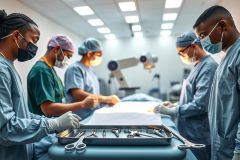 Surgical team in operating room preparing for procedure. Sterile instruments on tray, focused on patient. Healthcare professionals in scrubs and masks, bright clinical environment.