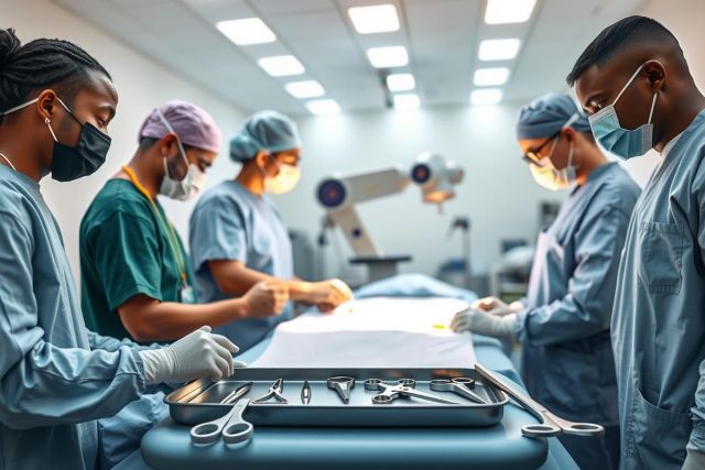 Surgical team in operating room preparing for procedure. Sterile instruments on tray, focused on patient. Healthcare professionals in scrubs and masks, bright clinical environment.