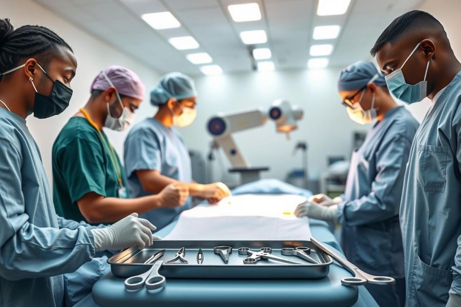 Surgical team in operating room preparing for procedure. Sterile instruments on tray, focused on patient. Healthcare professionals in scrubs and masks, bright clinical environment.