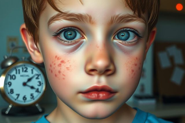 The image shows a young boy with red-colored spots on his cheeks. He has fair skin and blue eyes, with rosy cheeks suggesting he might be in cold weather or blushing. The background includes indoor elements like a clock on the wall, which is covered by papers, indicating a home setting.