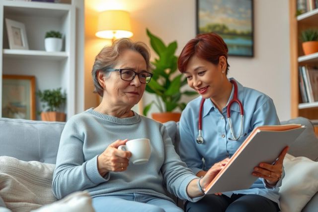 An elderly woman and a healthcare professional sit in a cozy living room, engaging in conversation. The woman holds a coffee cup, suggesting a relaxed atmosphere.