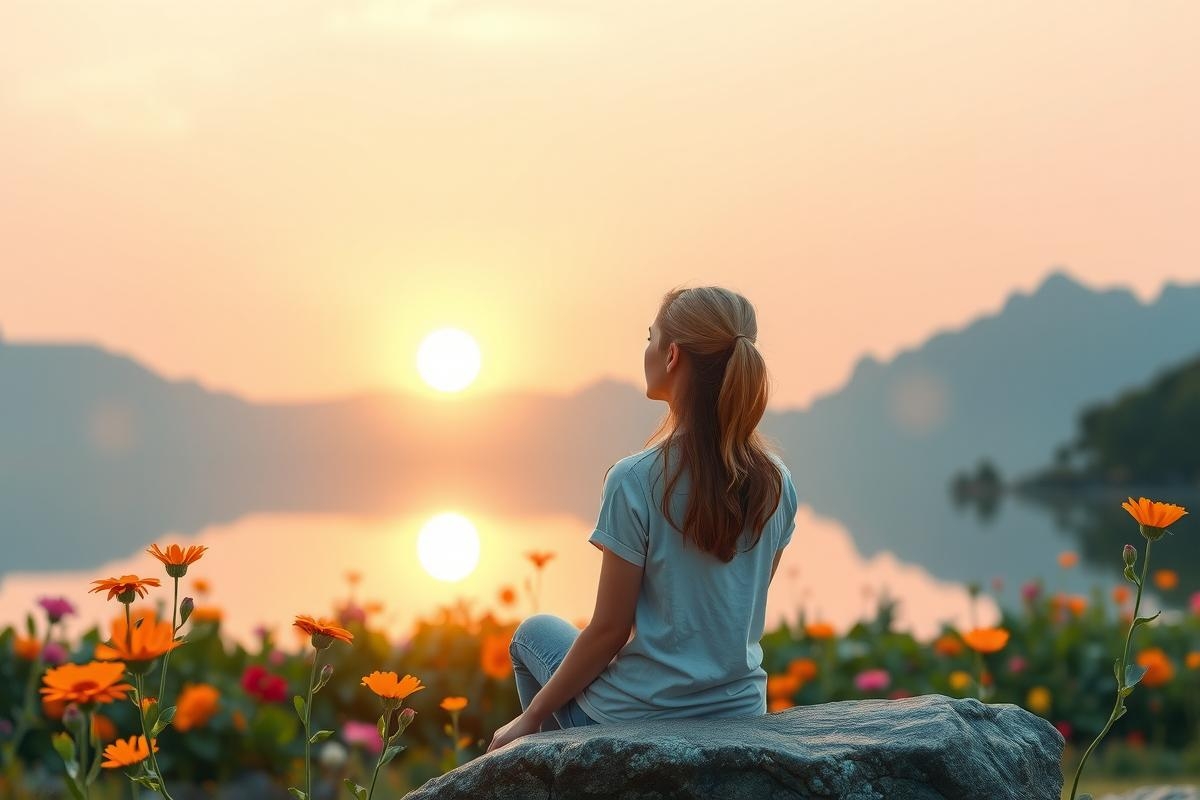 The image depicts a tranquil scene at sunrise or sunset. A woman is sitting on the edge of a rocky outcrop overlooking a serene body of water, which reflects the sky colors and the sun's rays.