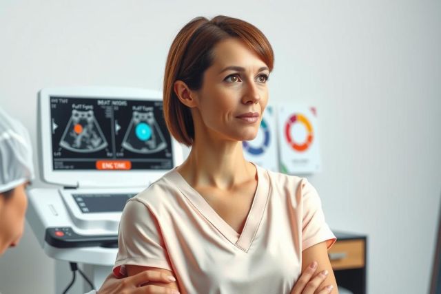 The image depicts a woman, possibly a medical professional, standing in what appears to be a healthcare or clinic setting. She wears light-colored scrubs and has short hair. She has her arms crossed across her chest, suggesting that she is waiting for someone or something. Behind her is medical equipment, including a digital ultrasound machine, suggesting that this scene takes place in an environment where imaging technology is used.