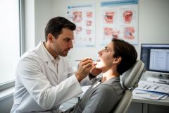 Dentist examines a patient's open mouth with a dental mirror and probe in a bright clinical exam room.