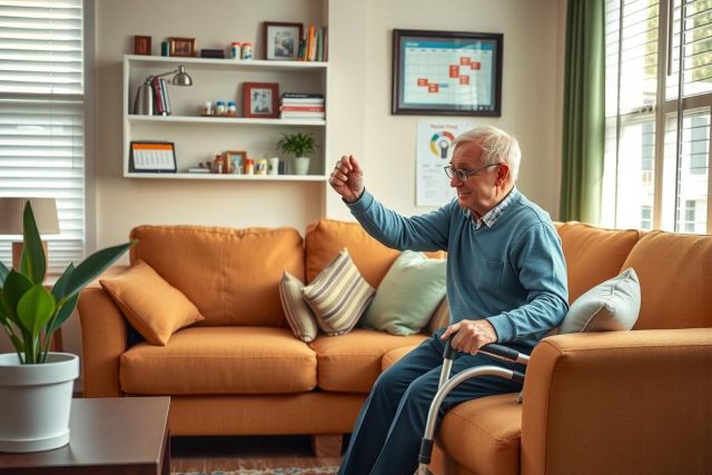 This is a colorful image of an elderly man sitting on a tan couch in what appears to be a well-lit and comfortable living room. The man is wearing glasses, has gray hair, and a content smile on his face.
