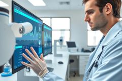 Scientist in lab coat analyzing data on a monitor, wearing gloves. Modern research environment with equipment and screens. Focus on scientific research and technology.