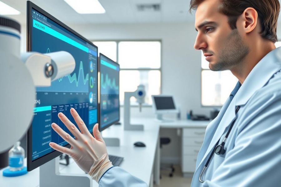 Scientist in lab coat analyzing data on a monitor, wearing gloves. Modern research environment with equipment and screens. Focus on scientific research and technology.