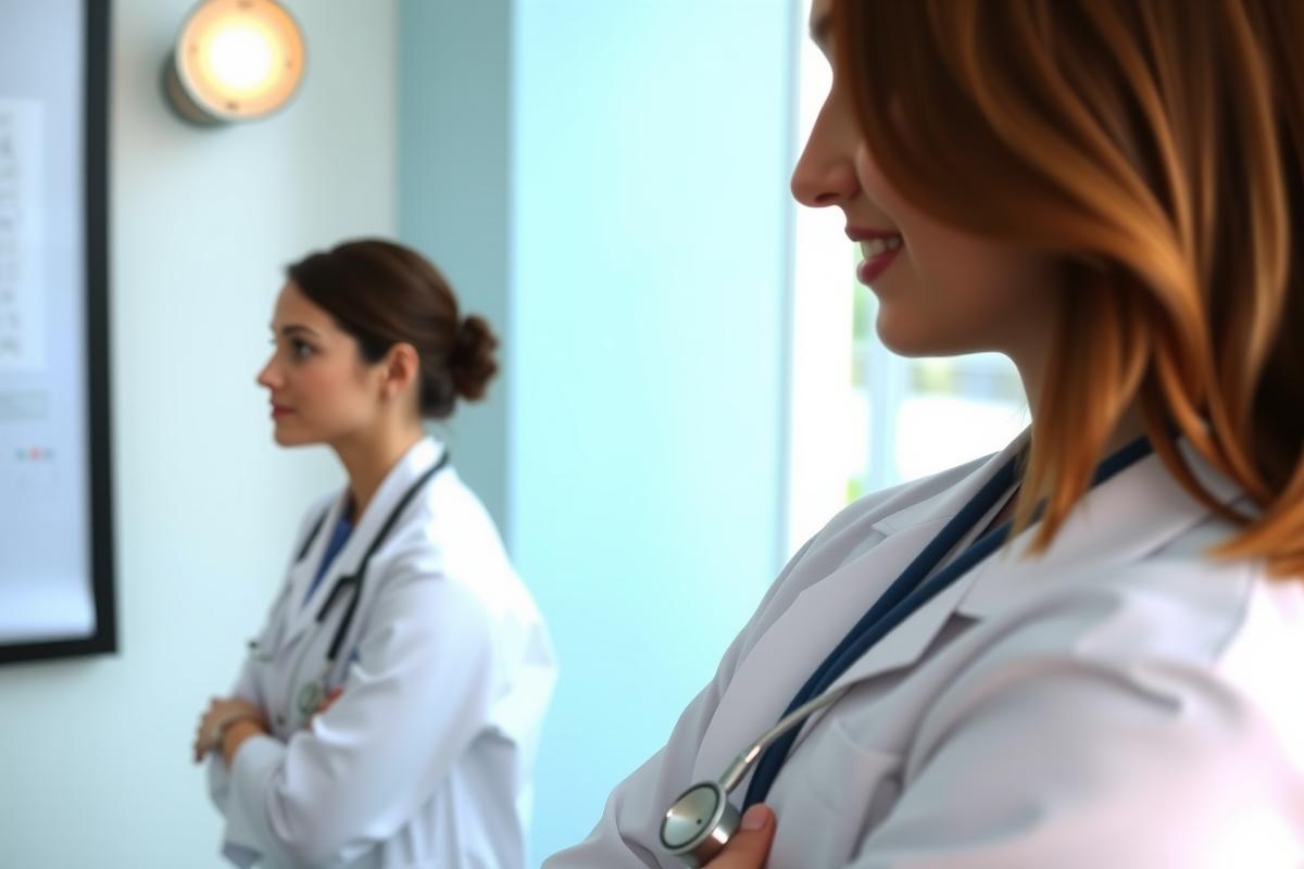 Healthcare professionals in white coats stand in a medical setting. Focus on a woman with a stethoscope, representing doctors or nurses in a clinical environment.