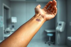 Close-up of a person's arm showing a dark bruise in a medical setting. The background is a blurred examination room with gray walls and medical equipment, suggesting injury or healthcare.