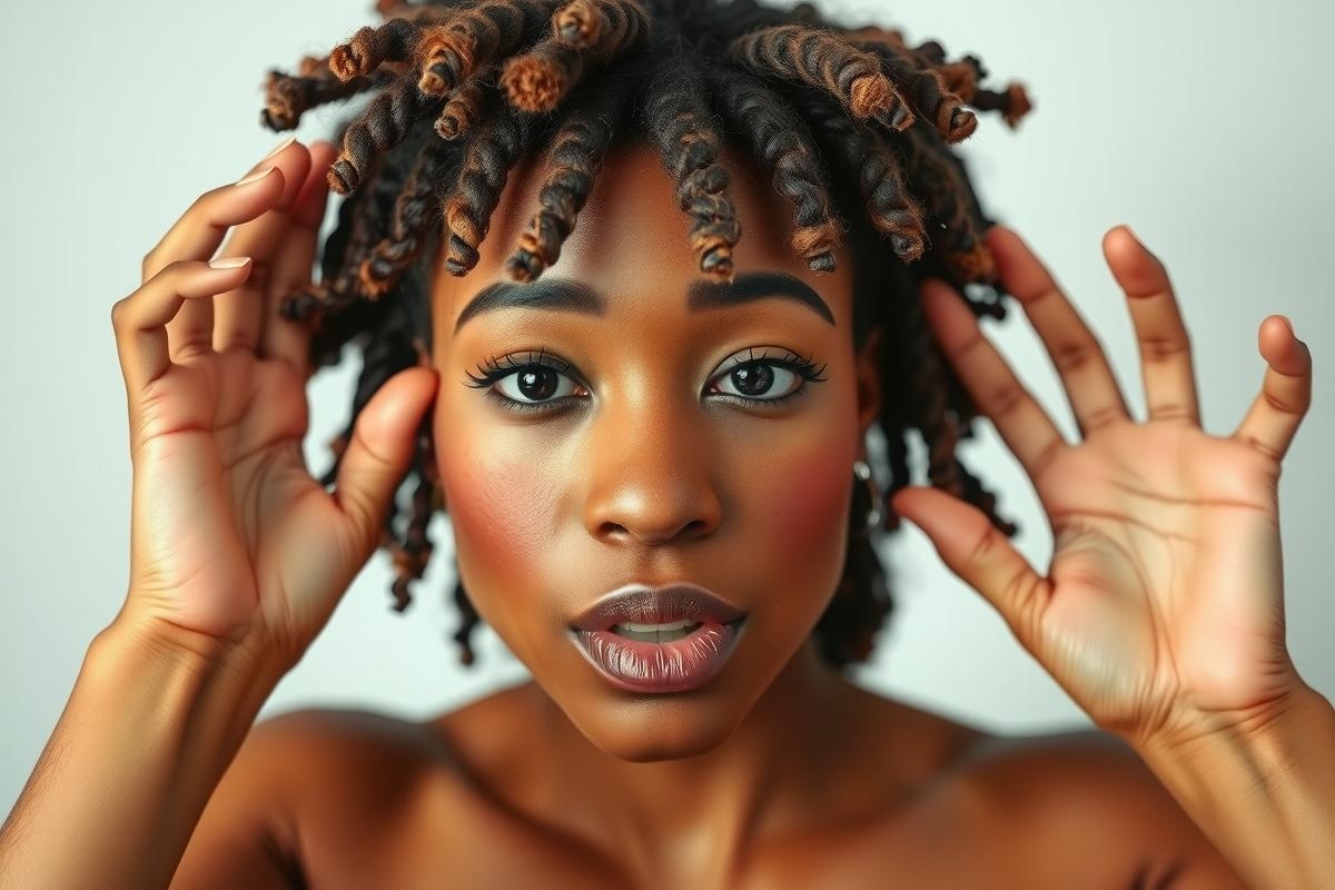 A woman with curly hair is seen close up, looking directly at the camera. Her face and shoulders are visible. She has a neutral expression and her hands are gently placed on either side of her head.