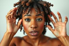 A woman with curly hair is seen close up, looking directly at the camera. Her face and shoulders are visible. She has a neutral expression and her hands are gently placed on either side of her head. 