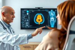 Doctor explains MRI scan results to a patient. Medical professional points at a screen displaying a knee MRI. Healthcare consultation, diagnostics, radiology, medical imaging.
