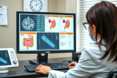 The image shows a professional medical setting with a woman, likely a healthcare provider, seated in front of two monitors displaying patient data. On the left screen, there's an MRI scan of the human body showing various internal organs. 