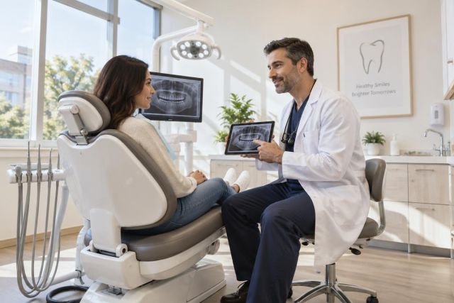Dentist explains a dental X-ray to a seated patient in a bright clinic room.