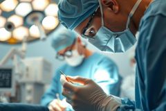 Surgeon performing a surgical procedure in an operating room. The image showcases medical professionals in scrubs and masks, using surgical tools under bright lights. Focus on precision and healthcare environment.