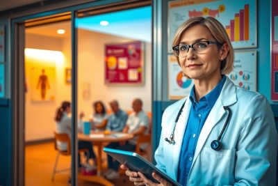 This is a color photograph featuring an adult female physician standing in an indoor medical setting. She is wearing a white coat over scrubs, glasses, and is holding a tablet computer. Behind her is a room with patients seated and engaged in discussion or consultation, indicating a clinic or healthcare office environment.