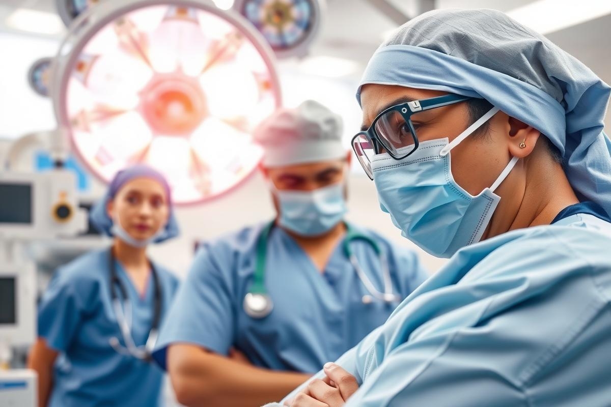 The image depicts a medical scene with surgical professionals wearing face masks and scrubs. They are attending to a patient in the center who is likely undergoing surgery or receiving medical treatment. The environment suggests an operating room with equipment such as oxygen tanks and monitors visible.